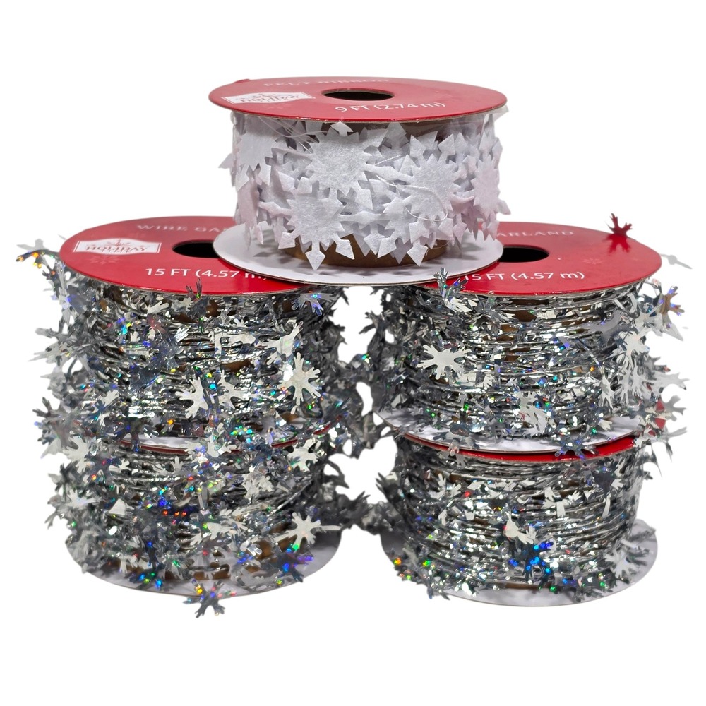Christmas Snowflake Wire Garland Felt Ribbon Lot 5 Spools 23 Yds Silver White